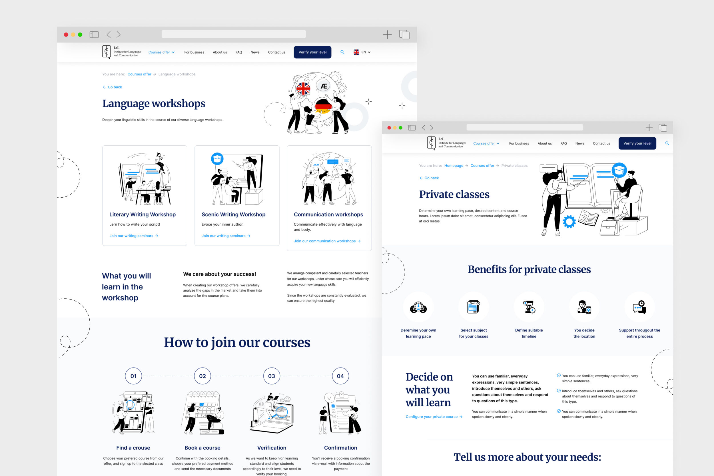 LcL language workshops and private classes pages with line illustrations