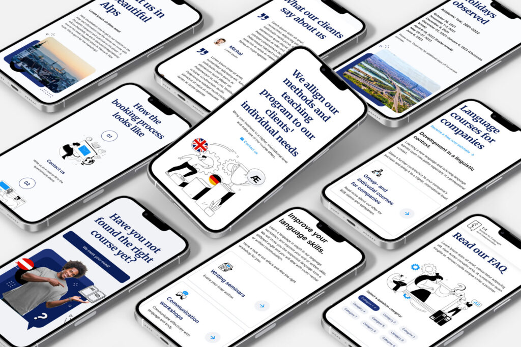 LcL mobile website pages on smartphones in a tilted grid