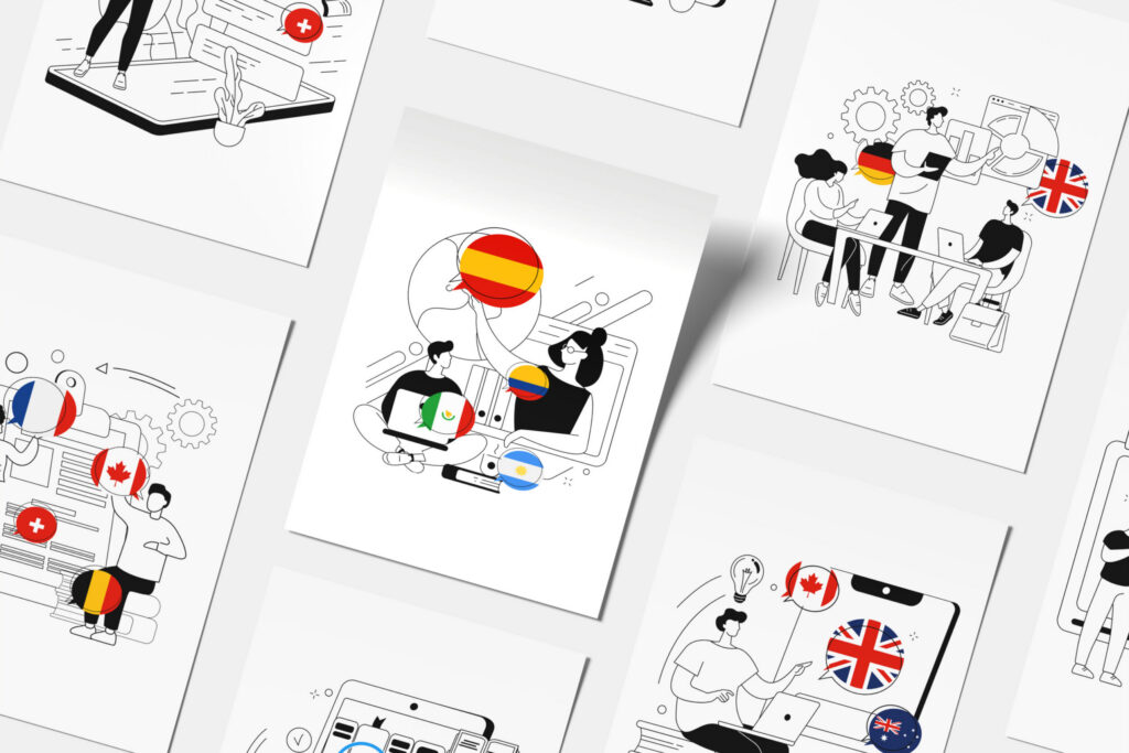 LcL line illustrations of people with national flags