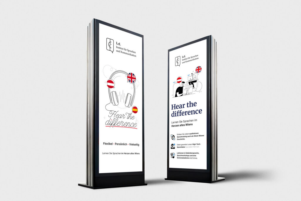 Two LcL standing displays: "Hear the difference"