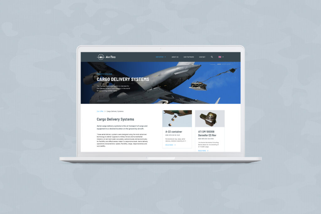 Avitec cargo delivery systems page on a laptop