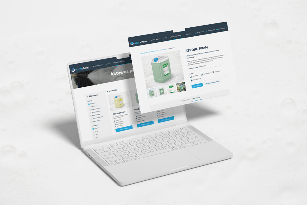 Washchem product pages floating above a laptop