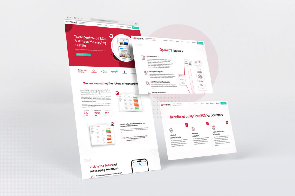 Openmind Networks web pages printed out and laid out in perspective