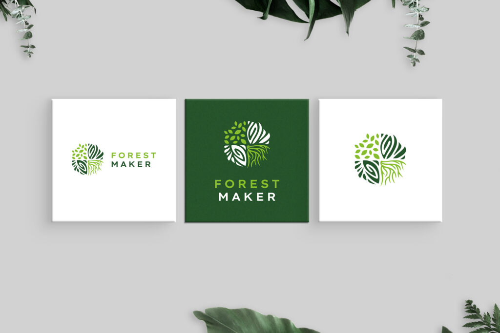 Forest Maker logo versions on white and green cards