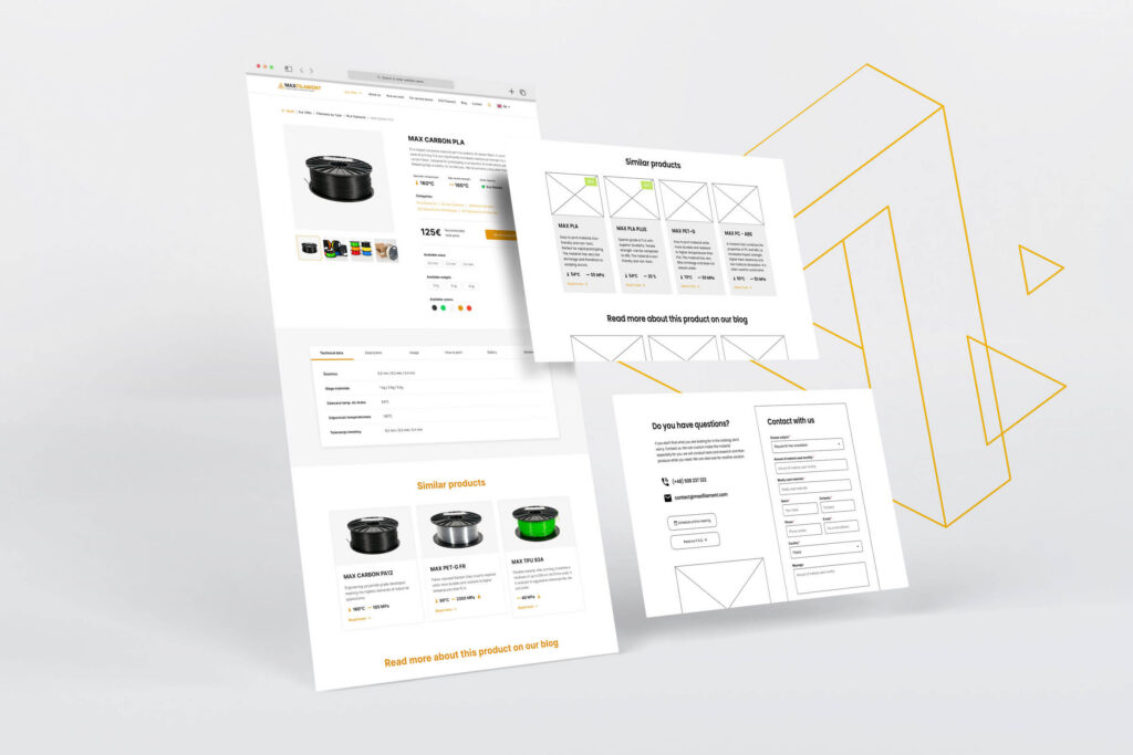 Maxfilament product catalogue pages floating in perspective