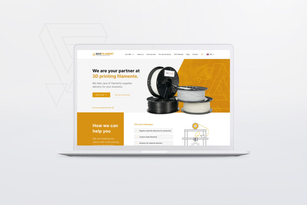 Maxfilament home page on a laptop: "We are your partner in 3D printing filaments"