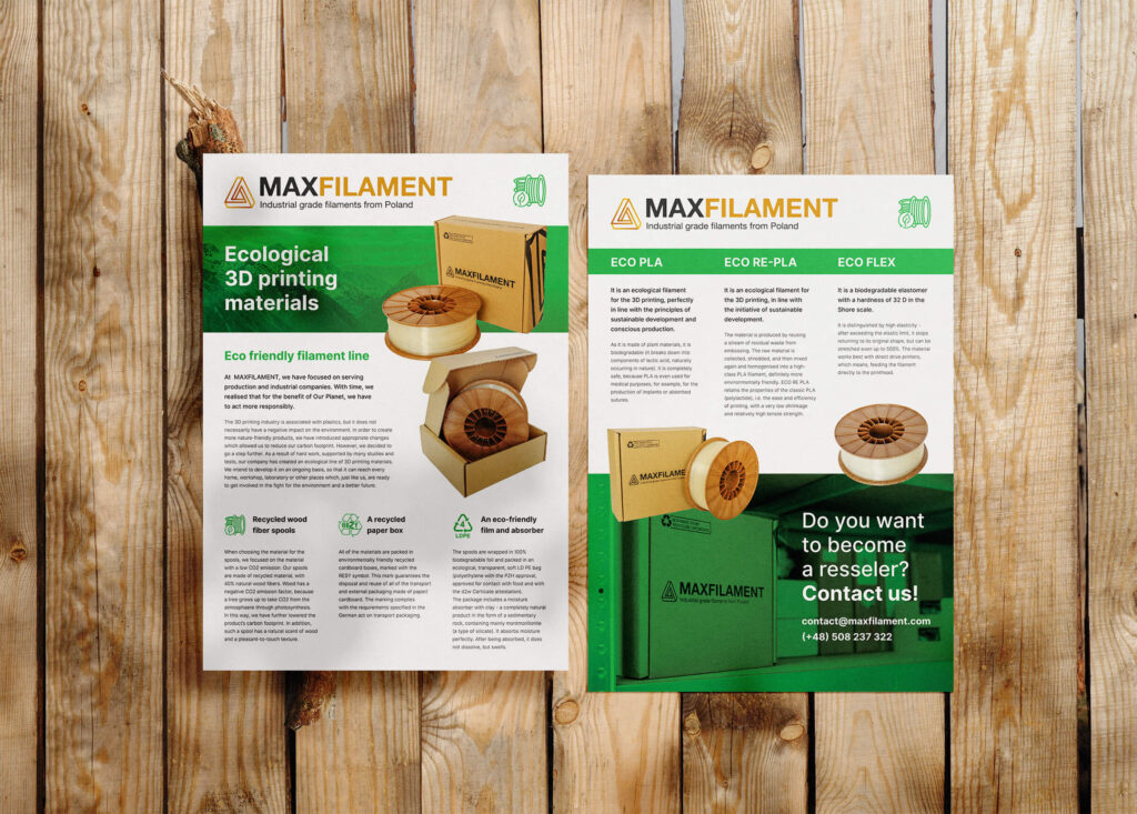 Two Maxfilament flyers about ecological 3D printing materials on wooden boards