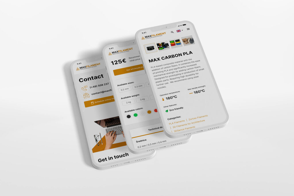 Maxfilament product and contact pages on smartphones