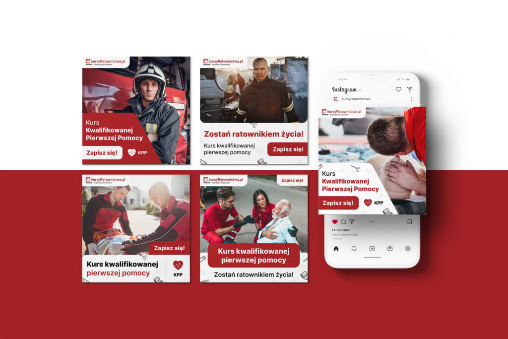 Medaid Instagram posts about first-aid courses and a phone with the profile