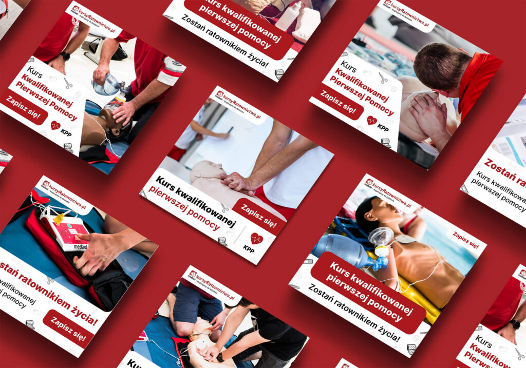 Medaid first-aid course ads in a tilted grid