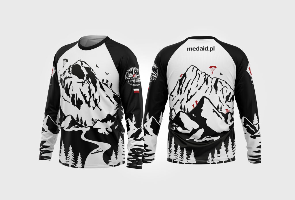 Black and white Medaid long-sleeve jersey with a mountain illustration, front and back