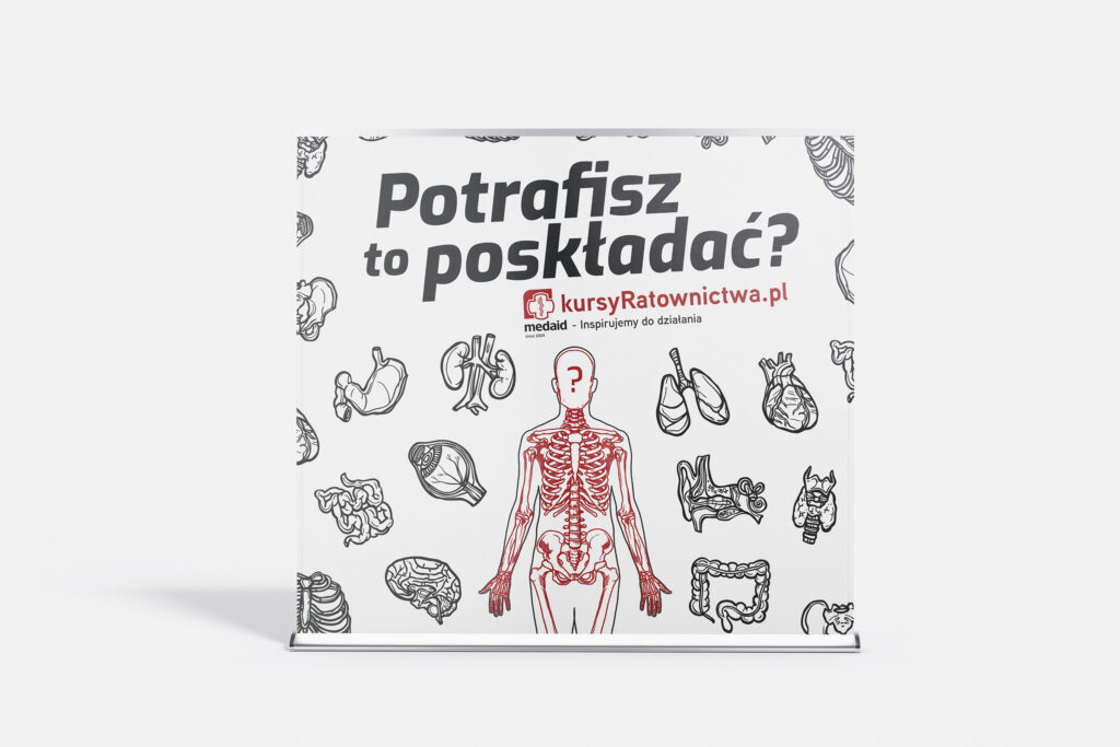 kursyRatownictwa.pl photo wall with anatomy illustrations: "Potrafisz to poskładać?"
