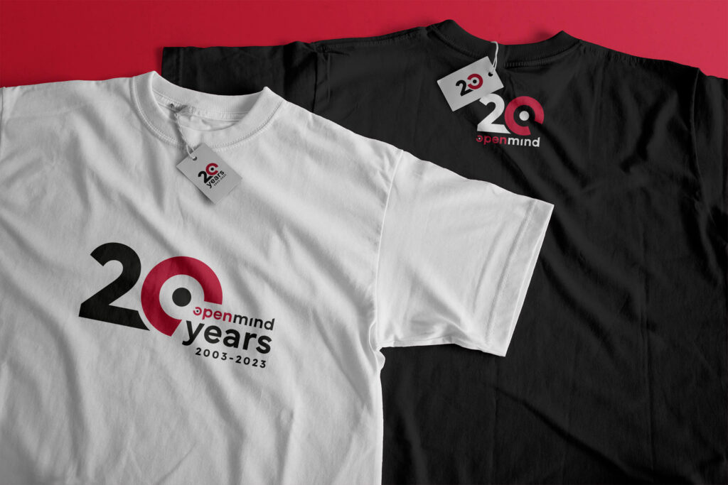 White and black T-shirts with the Openmind 20 years logo
