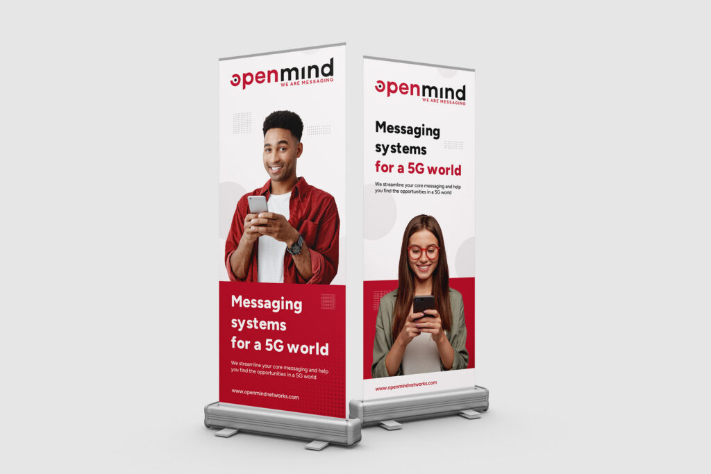 Two Openmind Networks roll-up banners: "Messaging systems for a 5G world"