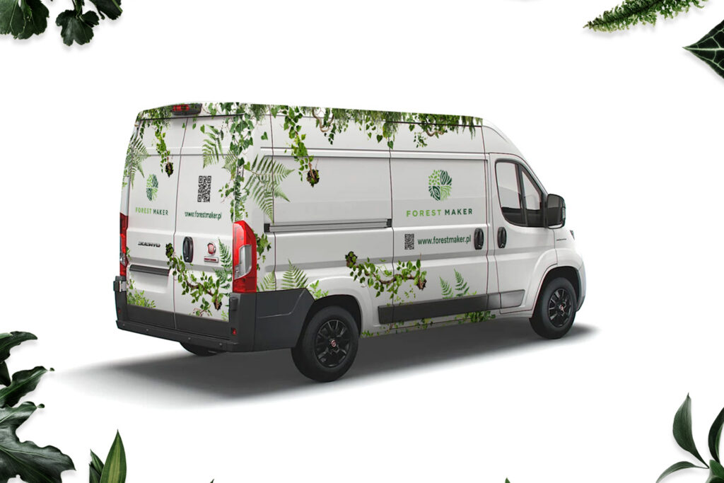 White van wrapped in Forest Maker branding with climbing plants