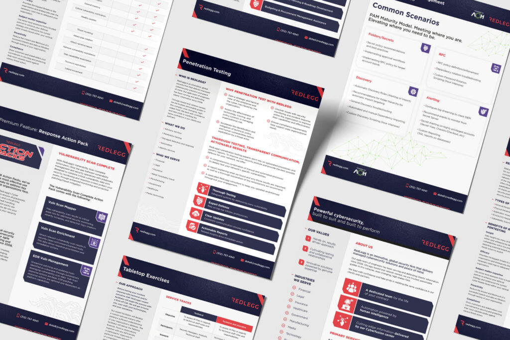 RedLegg customer scenarios and service documents laid out in a grid