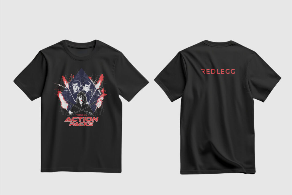 Black RedLegg T-shirt, front with an "Action Packed" print and back with the logo