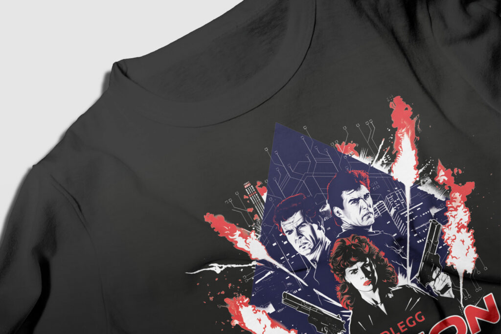 Close-up of the RedLegg "Action Packed" T-shirt print