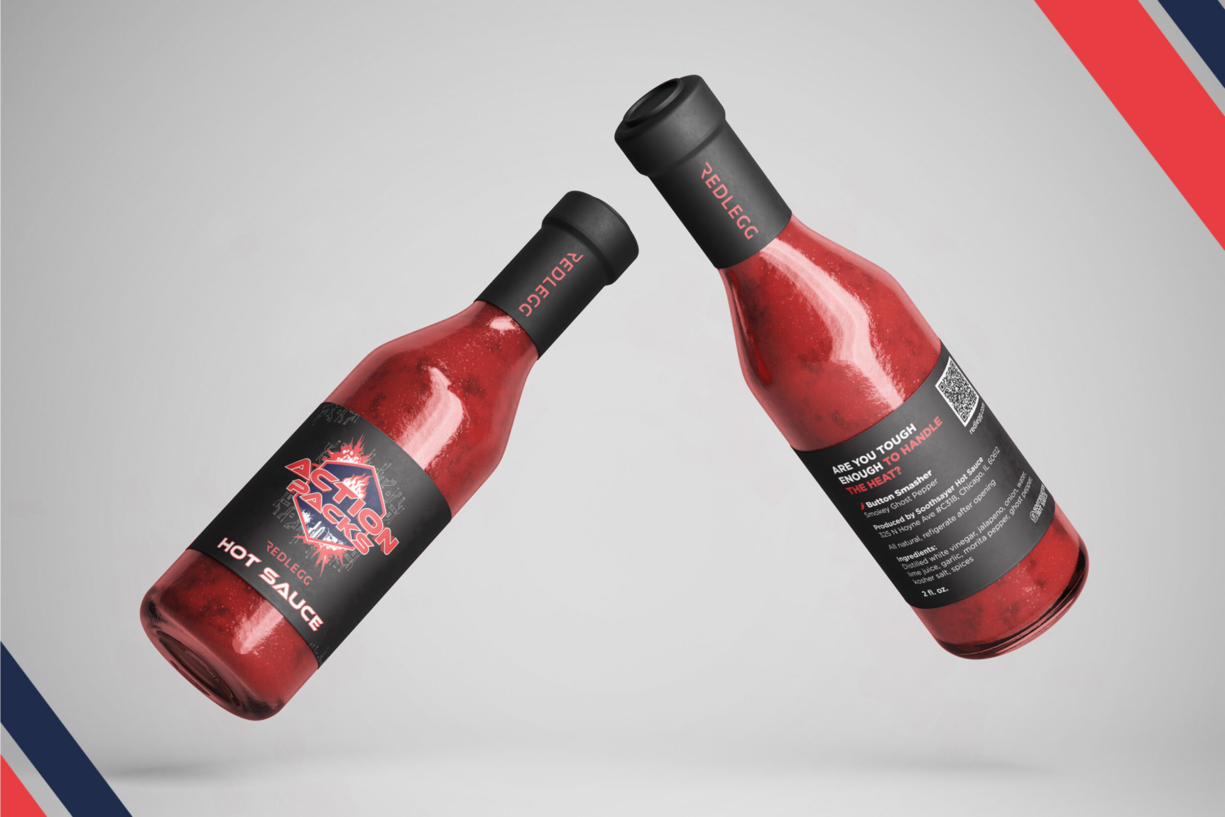 Two RedLegg-branded hot sauce bottles