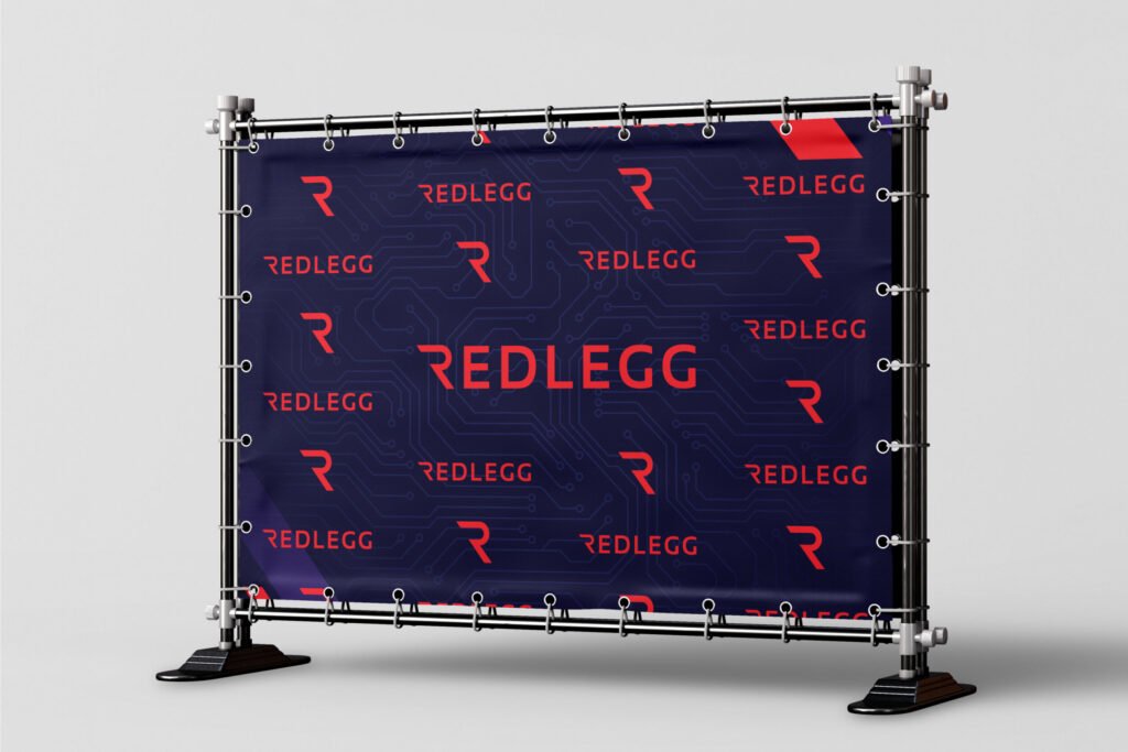 RedLegg banner on a frame with a repeating logo pattern