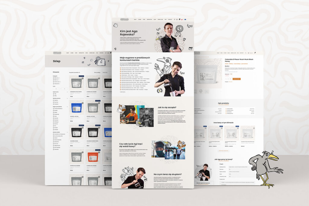 Sheep and Raven online store pages with product listings and the barista's story