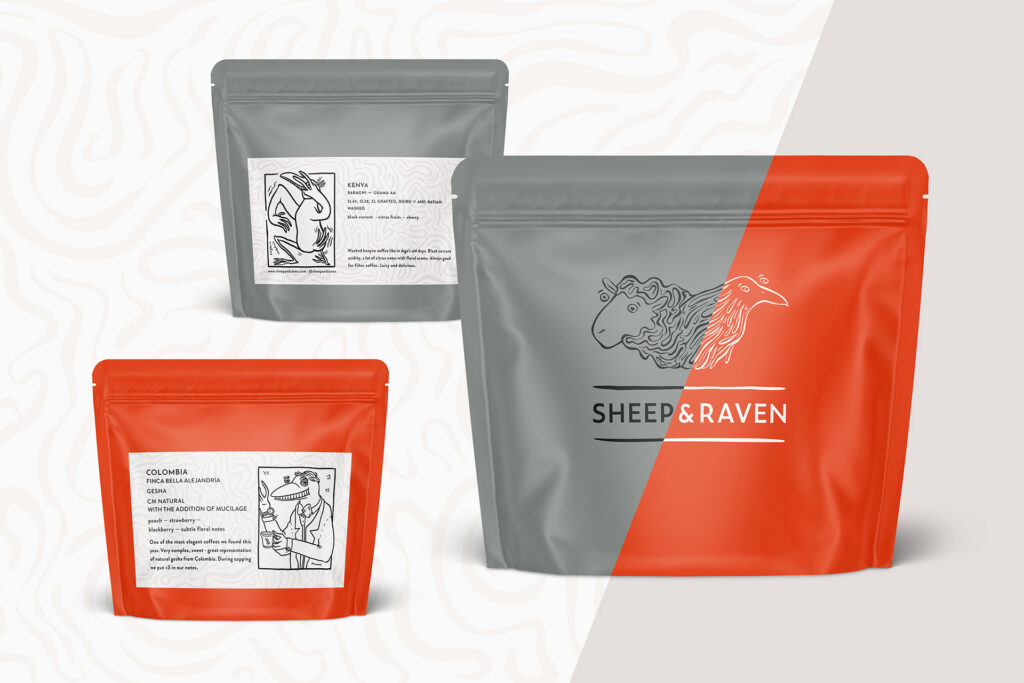 Orange and grey Sheep and Raven coffee bags