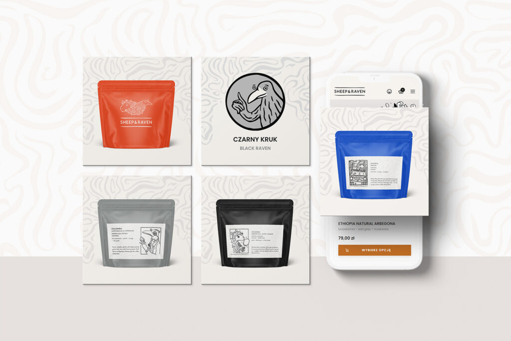 Sheep and Raven coffee bag product photos next to a mobile product page