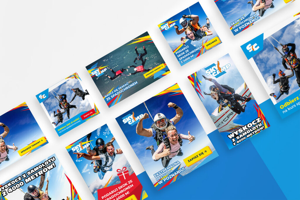Sky Camp social media ads with skydivers in a tilted grid