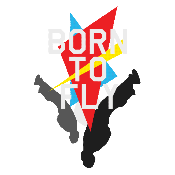 Animated "Born to fly" Sky Camp graphic with a skydiver silhouette