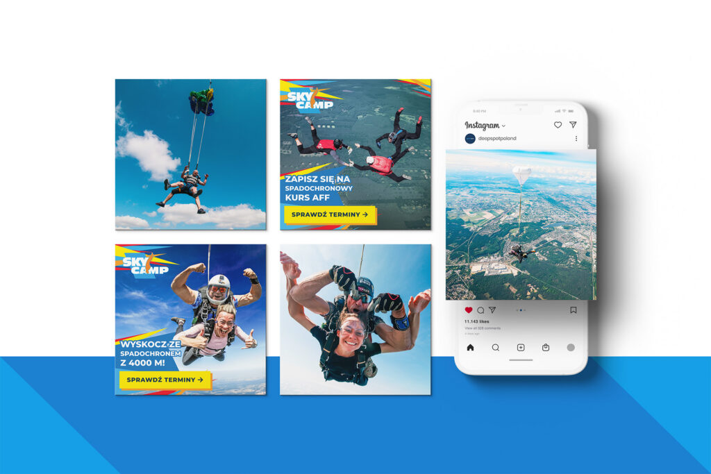 Sky Camp Instagram posts and a phone with the profile