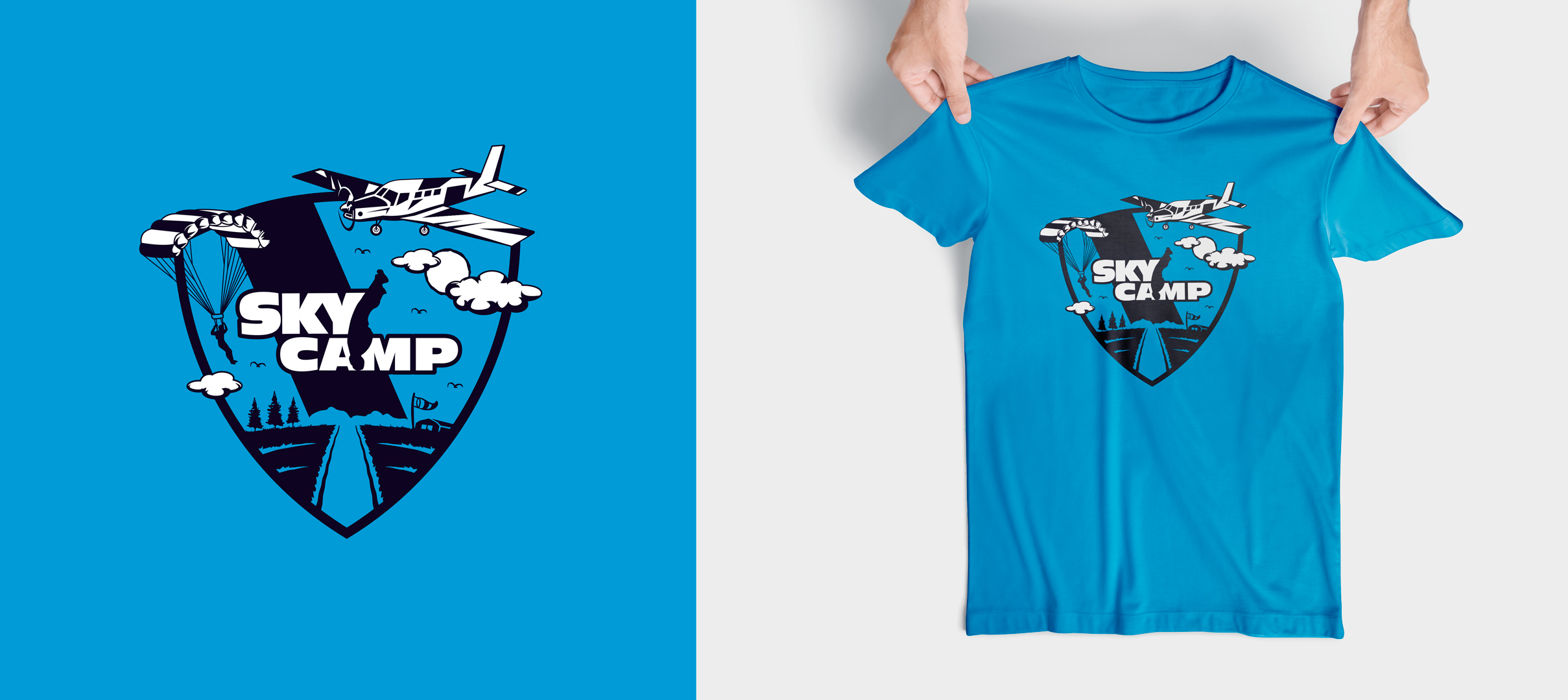 Sky Camp badge logo and a blue T-shirt with the same print