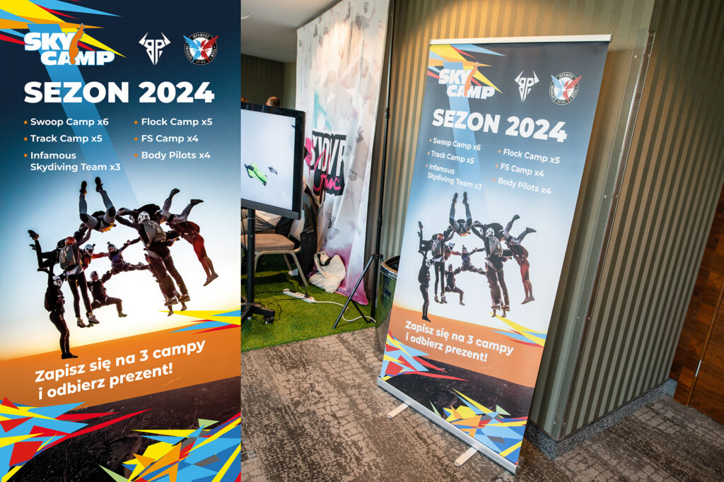 Sky Camp "Sezon 2024" roll-up banner, design and in place at an event