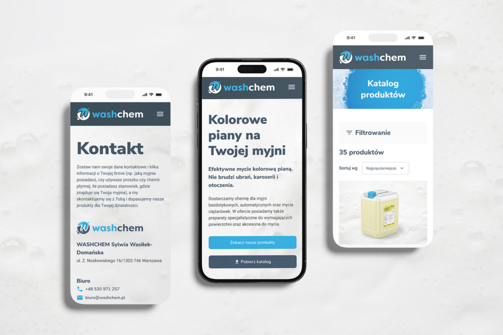 Washchem mobile pages on three smartphones