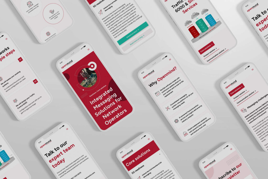 Openmind Networks mobile website pages on smartphones in a tilted grid