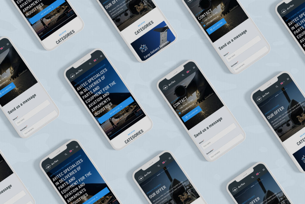 Avitec mobile website pages in a tilted grid