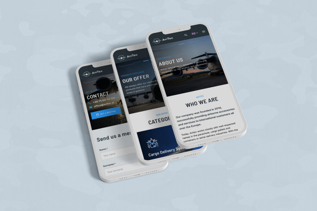 Avitec mobile pages on three smartphones