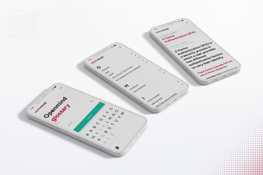 Openmind Networks mobile pages, including the glossary, on smartphones