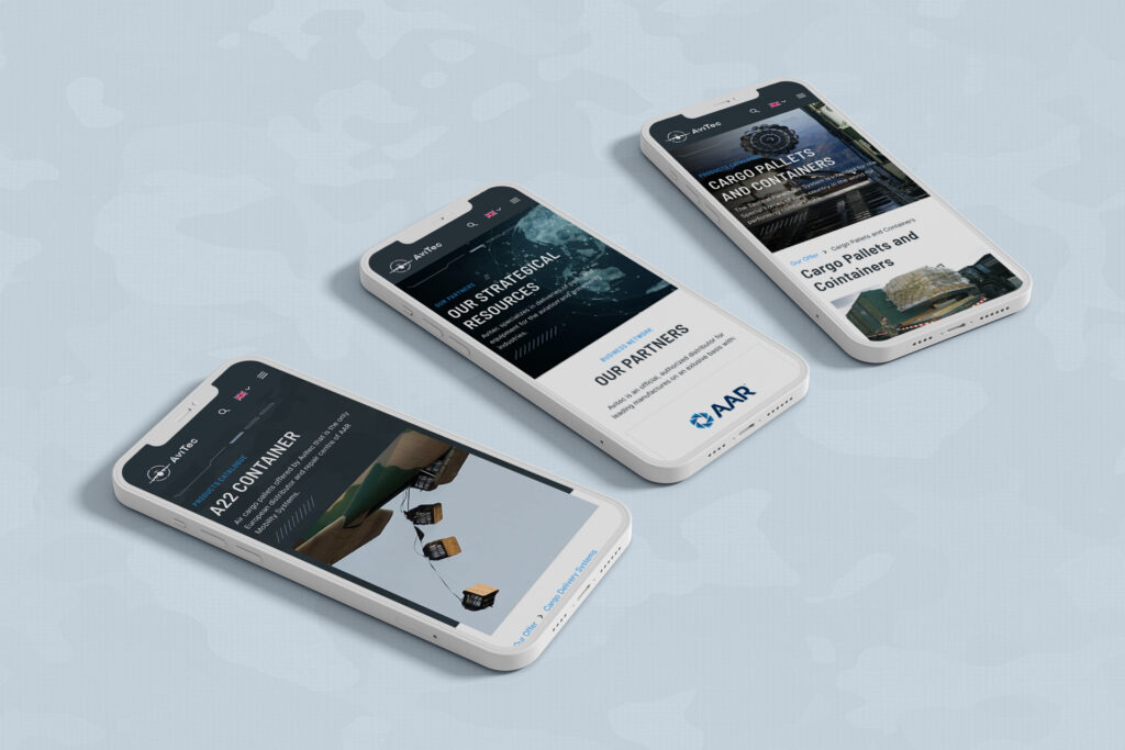 Avitec mobile pages on three smartphones lying flat