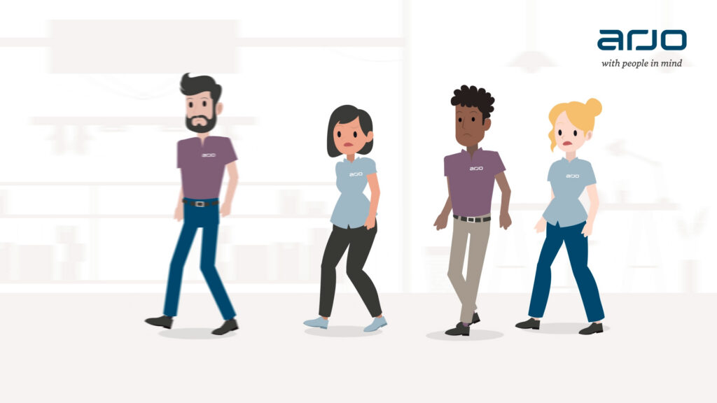 Four animated characters in Arjo T-shirts walking