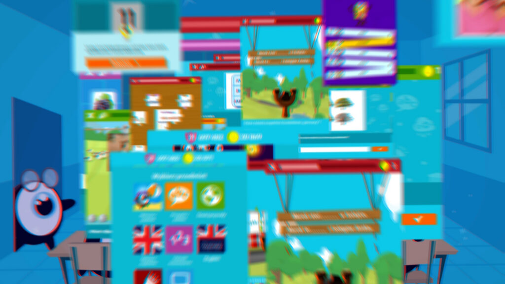 Animation frame: a classroom with floating learning screens and flags