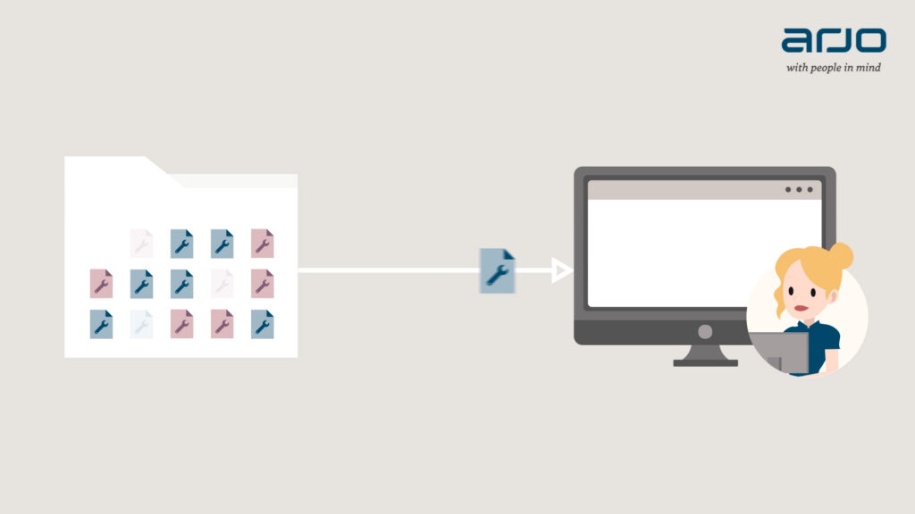 Animation frame: files being sent from a folder to a computer