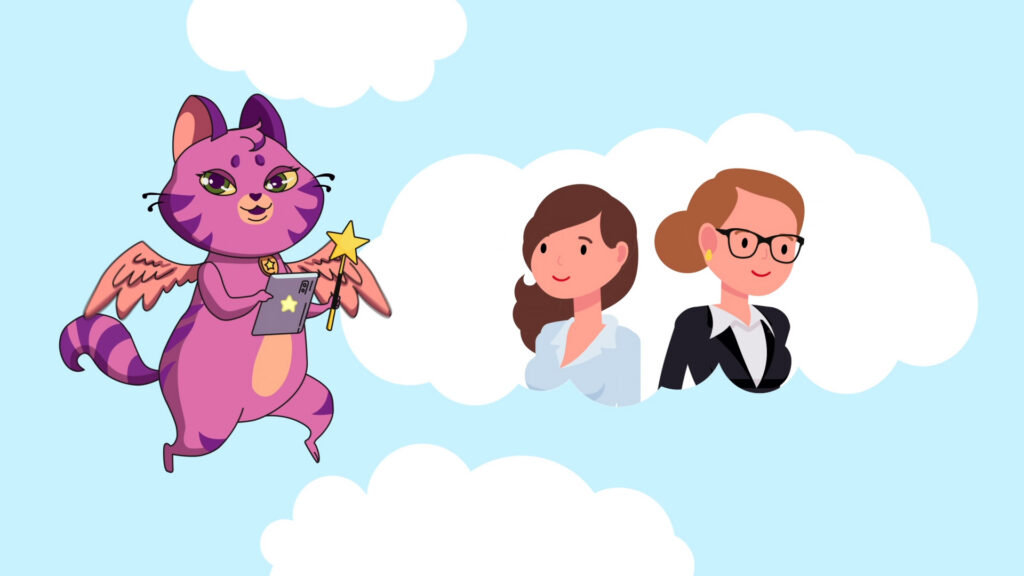 Animation frame: a pink winged cat next to two women in a cloud