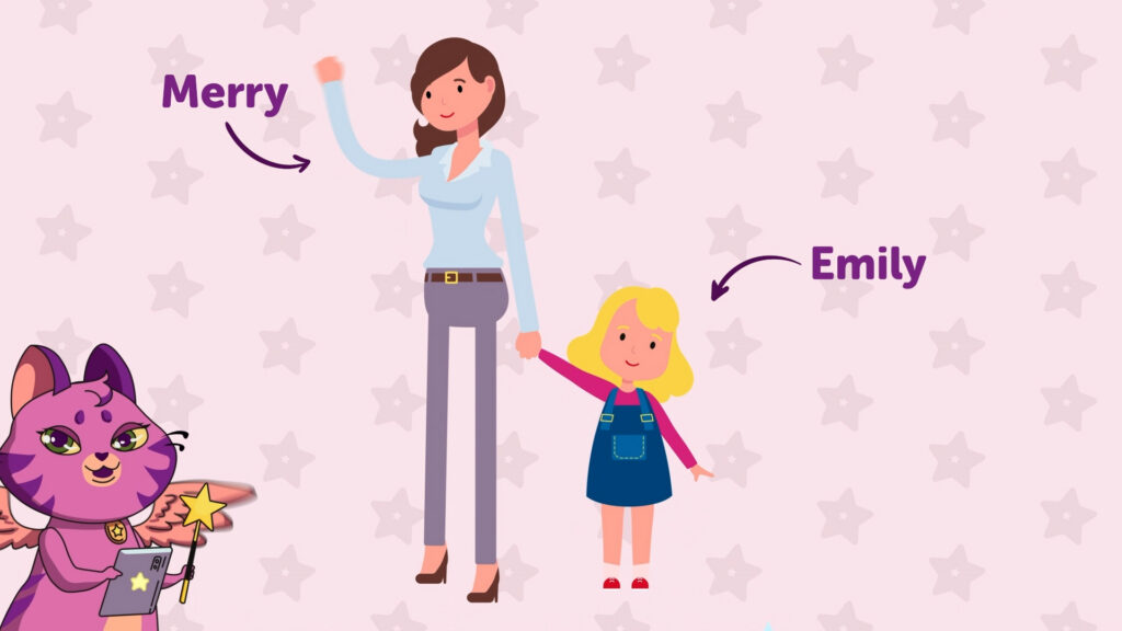 Animation frame: characters Merry and Emily with a pink cat