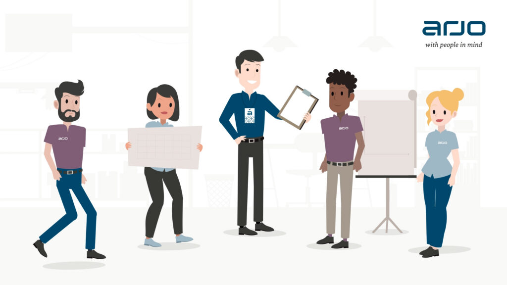 Animated team of characters presenting with a board and a flip chart