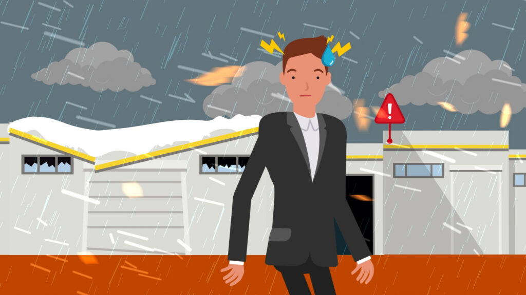 Animation frame: a businessman in a storm outside a warehouse with a damaged roof