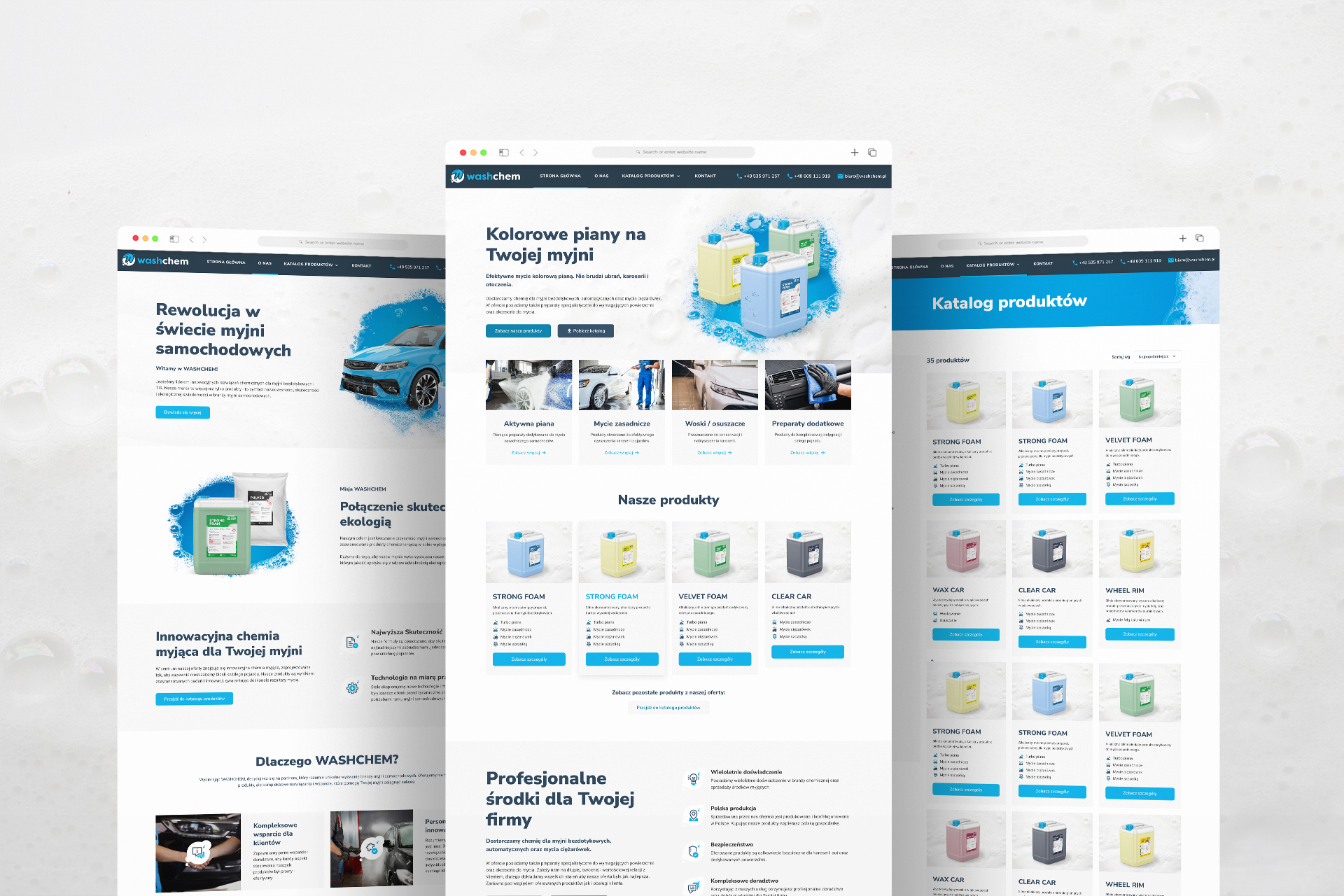 Washchem website pages, including the product catalogue