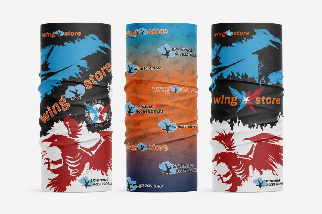Three Wingstore neck gaiters with colourful bird graphics
