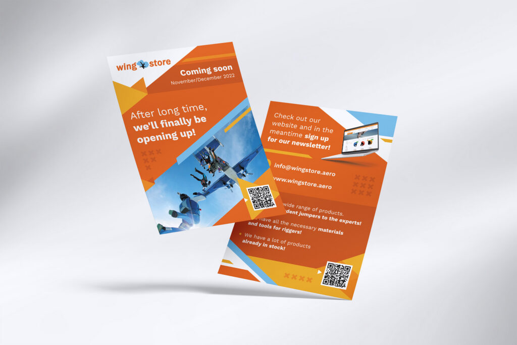 Wingstore "Coming soon" flyers in orange and blue