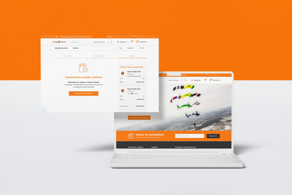 Wingstore pages floating above a laptop, on an orange background
