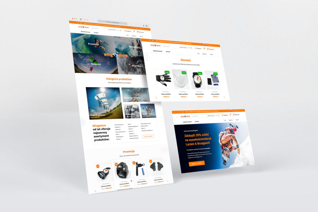 Wingstore store pages with skydiving photos and products